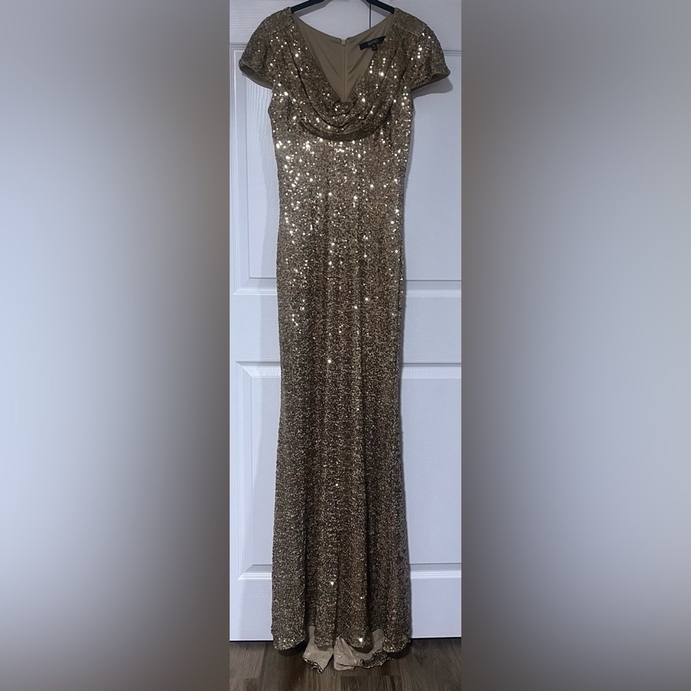 Badgley Mischka Gold Sequin Cowl Neck Short Sleeved Evening Gown